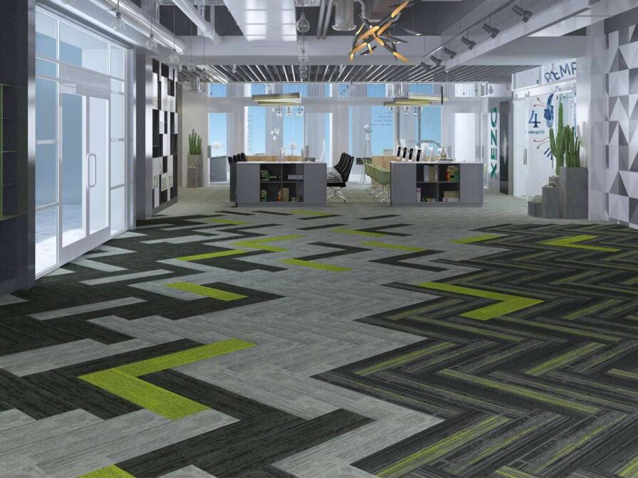 Carpet tile for complete flooring solution of office with dark grey and green color by Euronics India