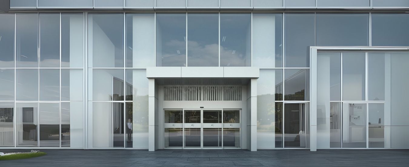 Air curtain doors for corporate building entrances